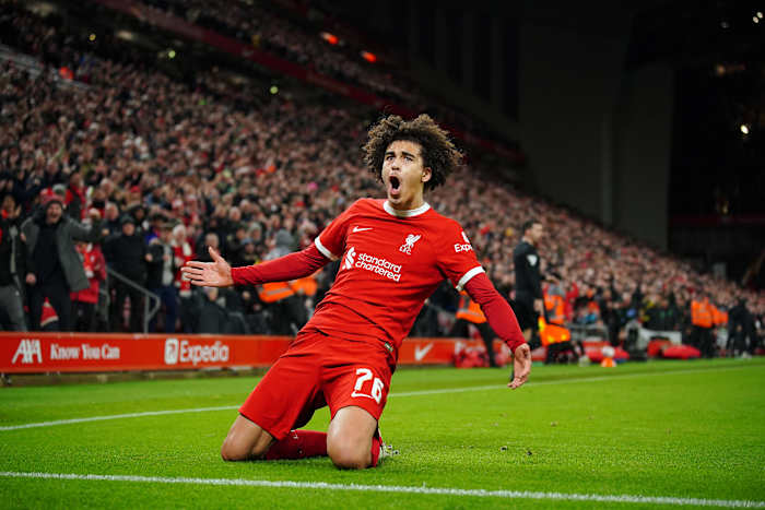 Jayden Danns pictured celebrating after scoring the first goal of his Liverpool career in a 3-0 win over Southampton at Anfield in February 2024